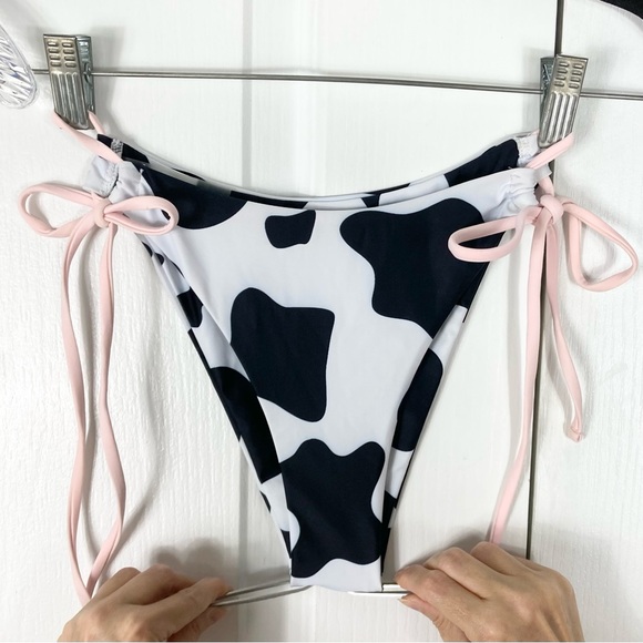 nwot SHEIN Bikini Set S Cow-skin Black-White Pink-Trim Adjust-Tie Stretch Lined - Picture 4 of 10